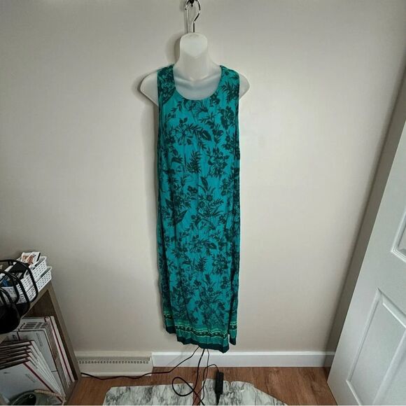 Y2K vintage R & K 90s Blue Teal Maxi floral print Dress sleeveless size 10 boho - Picture 2 of 6
